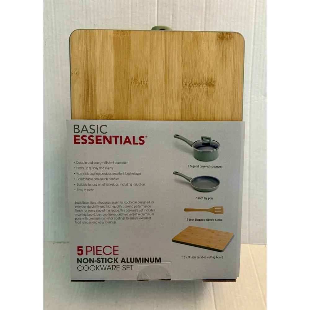 Basic Essentials 5 Pc. Non-Stick Aluminum Cookware Set Cool Touch Handles Green